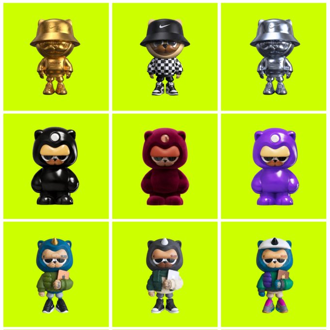 A 3x3 grid displays stylized bear/creature figurines in various colorways—gold, black-and-white checkered, chrome, black, burgundy, and purple—along with figures wearing hooded outfits, all set against a neon green background. The image promotes the "Neon Warriors" NFT collection, with only 8,888 warriors available and a 48-hour whitelist (WL) application window through forms.gle/1Wkpnt6eMhitWv.