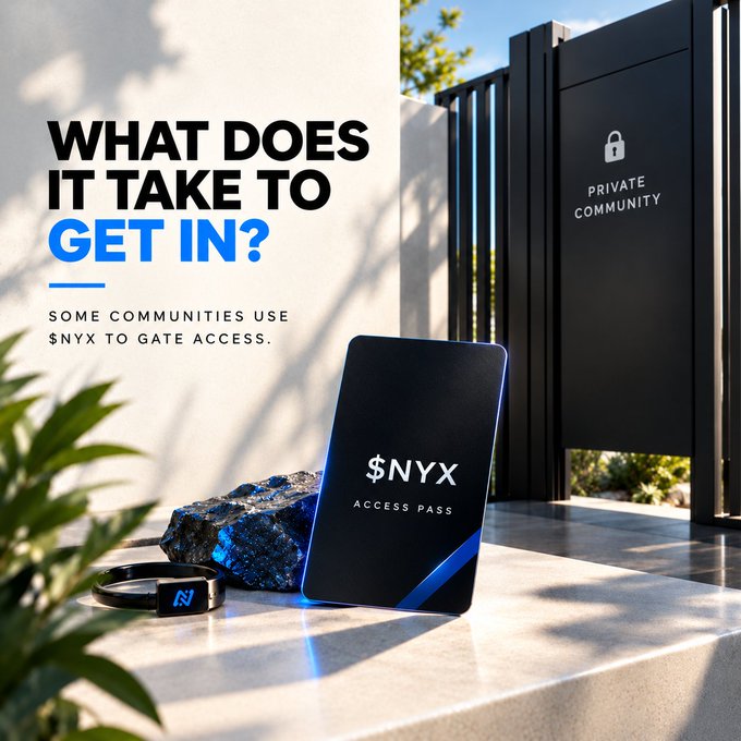 A promotional graphic reading 'WHAT DOES IT TAKE TO GET IN? SOME COMMUNITIES USE $NYX TO GATE ACCESS,' featuring a black '$NYX ACCESS PASS' card and a gate marked 'PRIVATE COMMUNITY'.