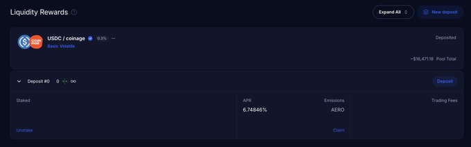 A dark-themed cryptocurrency liquidity rewards dashboard showing a USDC/coinage position with a 0.3% APR, displaying 6.74846% APR and AERO emissions, with a pool total of ~$16,47118.