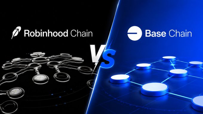 A split graphic showing "Robinhood Chain" on a dark background versus "Base Chain" on a blue background, both illustrated with glowing node-network designs.