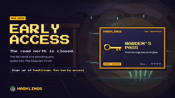 A pixel-art style promotional banner for Hashlings 'Early Access' featuring a 'Warden's Pass' with the tagline 'The road north is closed' and the URL hashlings.fun/early-access.