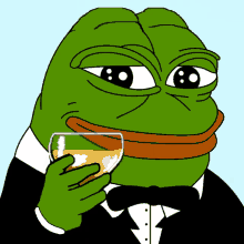 A cartoon of Pepe the Frog dressed in a tuxedo holding a glass of what appears to be wine or champagne, fitting the "Back to our roots" post as a nod to the classic early-internet meme.