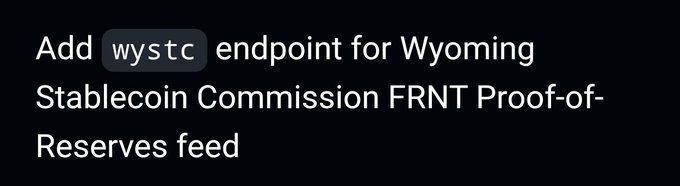 The image displays the text "Add wystc endpoint for Wyoming Stablecoin Commission FRNT Proof-of-Reserves feed," highlighting the ticker **wystc** for the Wyoming Stablecoin Commission. This relates to the accompanying post about integrating Chainlink's Proof of Reserves (PoR) via CCIP to enable secure minting of the **$FRNT** stablecoin across multiple blockchains.