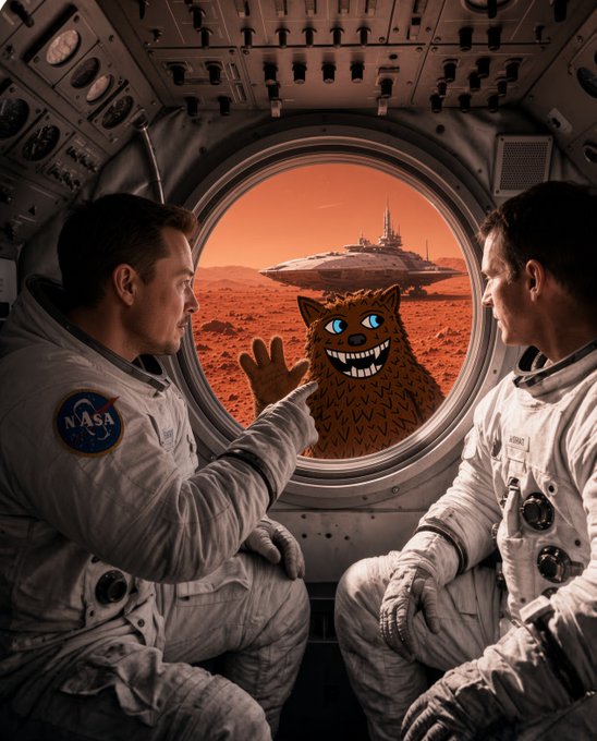 Two astronauts in NASA spacesuits look out a window at a Mars-like red landscape with a UFO and a grinning cartoon cat with blue eyes pressing against the glass.