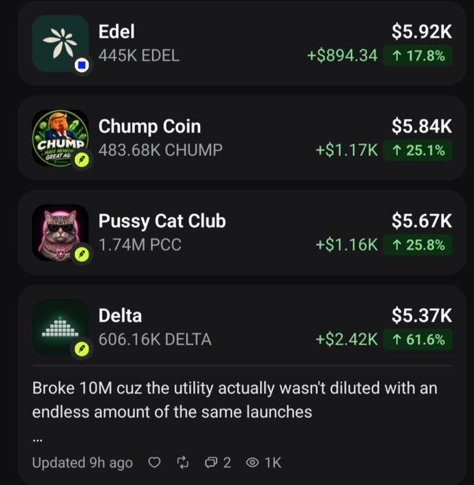 The image shows a crypto portfolio tracker displaying four tokens: Edel (445K EDEL, $5.92K, +17.8%), Chump Coin (483.68K CHUMP, $5.84K, +25.1%), Pussy Cat Club (1.74M PCC, $5.67K, +25.8%), and Delta (606.16K DELTA, $5.37K, +61.6%), all showing positive gains with a post noting Delta "Broke 10M cuz the utility actually wasn't diluted." This aligns with the accompanying caption about new onchain additions balancing utilities with strong use cases and memes, as the portfolio mixes meme coins (Chump Coin, Pussy Cat Club) with utility tokens (Edel, Delta).