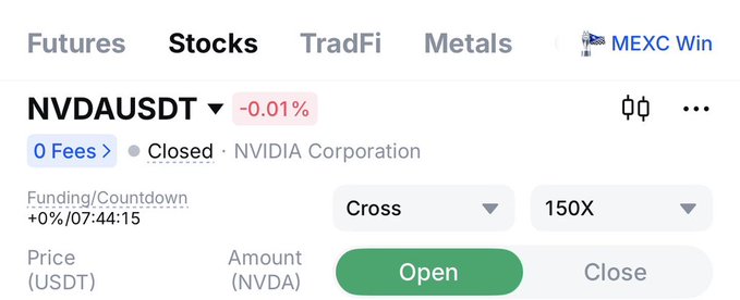 A MEXC trading interface showing the NVDAUSDT (NVIDIA Corporation) stock futures contract, marked as Closed with a -0.01% change and a 150X leverage option.