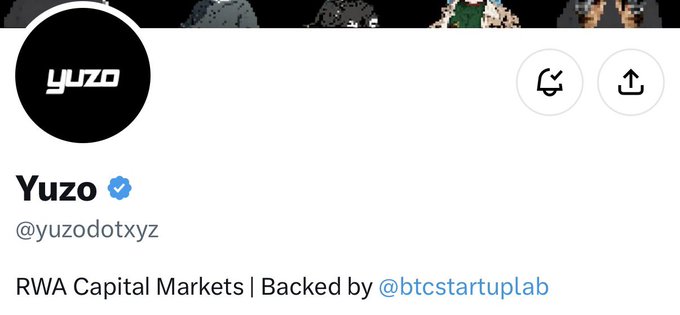 A Twitter profile for "Yuzo" (@yuzodotxyz), featuring a black circular logo with the name "yuzo" in white text, and a bio reading "RWA Capital Markets | Backed by @btcstartuplab," which appears to be the partner being announced for the Wall Street Waifus 3,333-supply free mint on the Robinhood chain.
