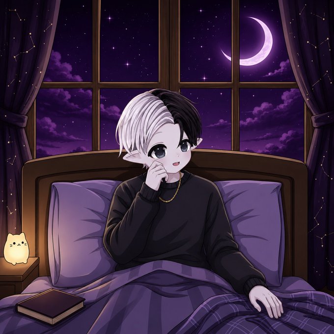 An anime-style character with split black and white hair relaxes in bed under a purple blanket, gazing out a large window at a starry night sky with a crescent moon, while a small glowing cat lamp and a book sit nearby. The serene, end-of-day scene reflects the post's tone of winding down after a successful day, with the cozy nighttime setting mirroring the feeling of settling in after making profits from the NFT mint and securing funds into stablecoins.
