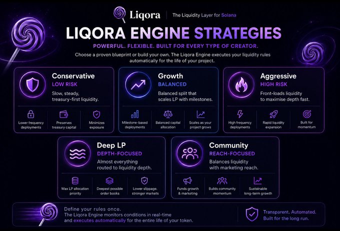 An infographic for "Liqora - The Liquidity Layer for Solana" titled "LIQORA ENGINE STRATEGIES" outlining five options: Conservative (Low Risk), Growth (Balanced), Aggressive (High Risk), Deep LP (Depth-Focused), and Community (Reach-Focused).