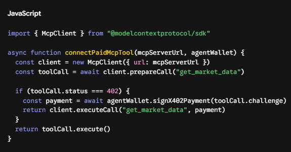 A dark-themed code snippet showing JavaScript for a 'connectPaidMcpTool' function, importing 'McpClient' and implementing 'X402' payment authorization.