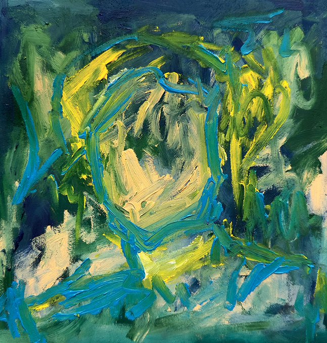 An abstract expressionist painting featuring thick, swirling brushstrokes in shades of blue, green, and yellow that form a rough oval shape in the center.