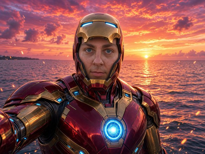 A person wears an Iron Man suit with the face visible through the open helmet, standing against a sunset over the ocean with sparks floating in the air.