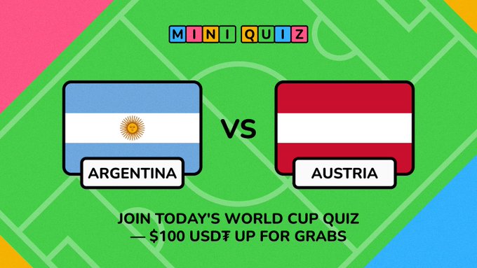 "The image features a lively scene with two soccer teams, Argentina and Austria, playing against each other in a mini-quiz format." 
"The teams are competing for the World Cup prize pool by answering questions correctly. The contest is taking place today at 3:30 PM UTC."