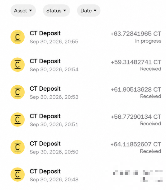 A screenshot of a transaction history showing six consecutive "CT Deposit" entries on Sep 30, 2026, with varying amounts (e.g., +63.72841965 CT, +59.31482741 CT) arriving between 20:48 and 20:55, illustrating the multi-wallet airdrop farming strategy referenced in the post.