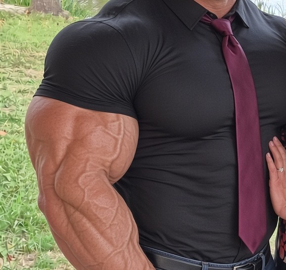A close-up photograph focusing on a highly muscular man's left arm and torso, showcasing severe muscle definition and vascularity. He is wearing a tight-fitting black short-sleeved dress shirt and a burgundy tie.