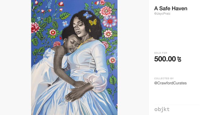 A digital artwork titled "A Safe Haven" by @JaycPraiz features a tender depiction of a mother embracing her daughter against a floral blue background, with butterflies adorning their hair. The piece sold on @objktcom for 500.00 ꜩ to @CrawfordCurates.