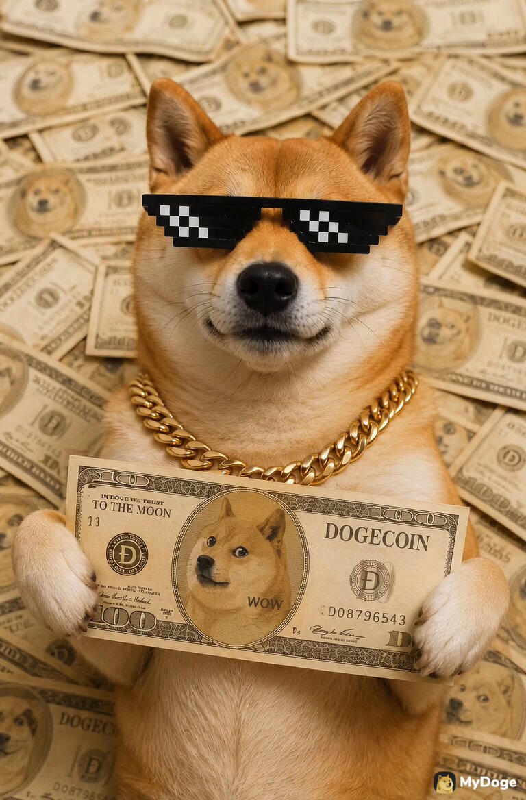 A brown dog wearing sunglasses, goggles, and a gold chain is holding up a fake $100 bill with a #tipinDogecoin hashtag at the bottom of the image. The backdrop features a photo of millions of dollars in various forms of currency.