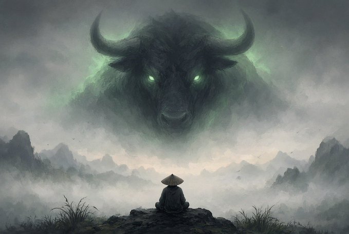 A fantasy illustration showing a small figure in a conical hat meditating on a rock while a massive, ghostly bull with glowing green eyes looms in the misty sky above.