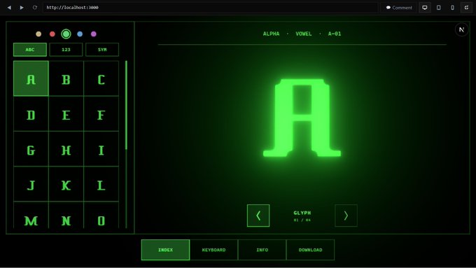 A screenshot of a green-themed web interface at localhost:3000 displaying an alphabet character 'A' with a cyberpunk/terminal aesthetic, featuring navigation buttons for letters and options like 'EMBED', 'KEYBOARD', 'INFO', and 'DOWNLOAD'.