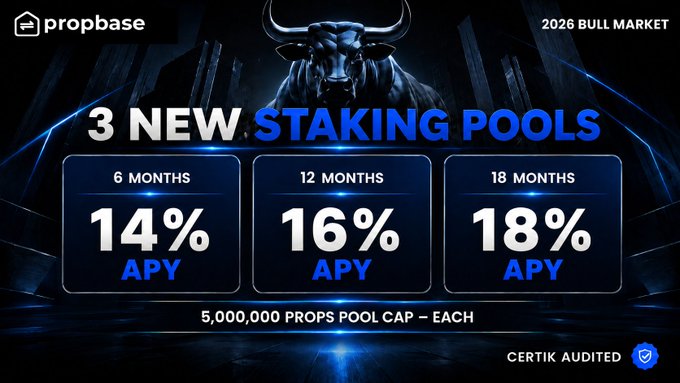 A promotional banner for Propbase announcing 3 new staking pools for the 2026 bull market, offering 14% APY (6 months), 16% APY (12 months), and 18% APY (18 months), certik audited.