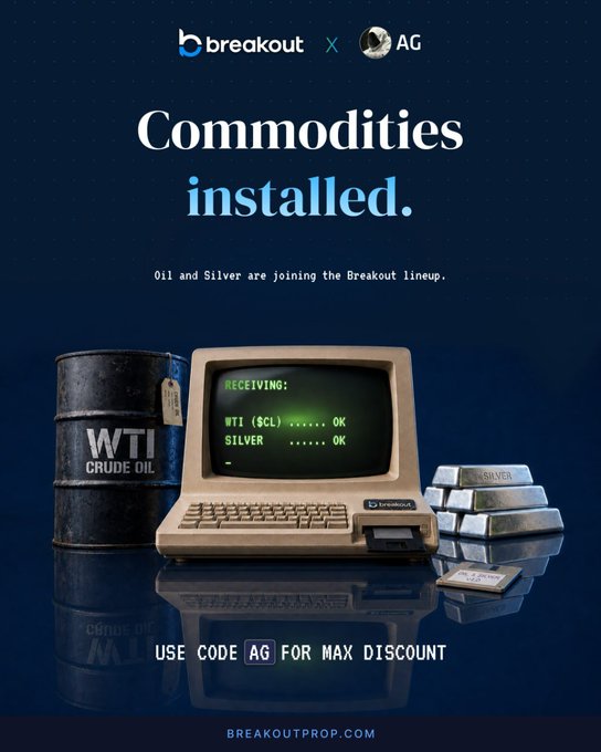 An advertisement for 'breakout x AG' announcing 'Commodities installed' with the tagline 'Oil and Silver are joining the Breakout lineup' and promo code 'AG'.