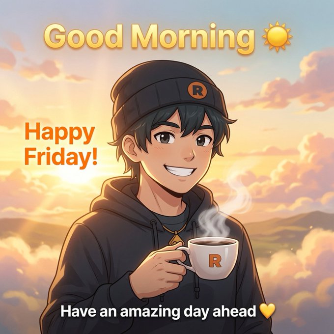 An anime-style 'Good Morning / Happy Friday!' illustration of a smiling boy in a black beanie and hoodie holding a steaming coffee mug with an 'R' logo, set against a sunset sky, with text 'Have an amazing day ahead'.