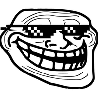 A black and white line drawing of the classic trollface meme, featuring a grinning face wearing pixelated sunglasses commonly associated with internet meme culture.