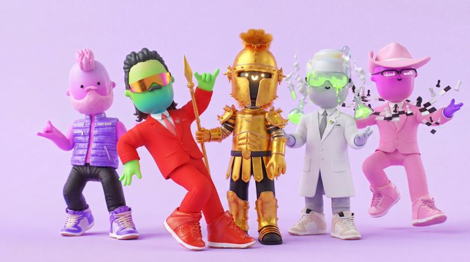 A lineup of five colorful, stylized 3D characters—including a knight in golden armor, a scientist, and figures in pink and red outfits—pose together against a lavender background.