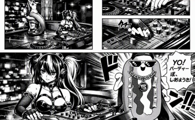A black and white manga-style comic page featuring an anime girl DJing alongside a shark character and a chill pill-shaped figure wearing sunglasses and chains, with Japanese text including "YO!" visible in speech bubbles.