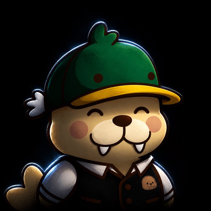 A cute cartoon character with a green cap, cream-colored face, rosy cheeks, and two visible bottom teeth smiles against a dark background.