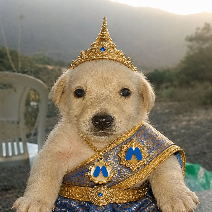 A golden retriever puppy is dressed in traditional Thai royal attire, complete with an ornate golden crown and a blue and gold sash with decorative medallions, posing regally against a scenic mountain backdrop. The image relates to the post by humorously depicting the puppy as a "king" who got in early on the ticker before anyone else, suggesting the buyer's prescient investment makes them royalty among traders.