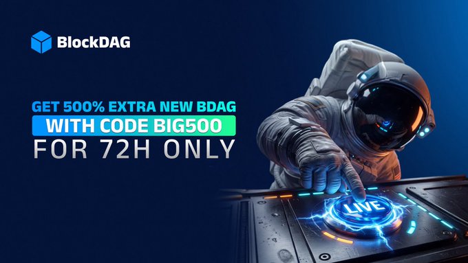 An astronaut reaches toward a glowing "LIVE" control panel to promote BlockDAG's "Big Reset" event, featuring an offer of 500% extra BDAG with promo code "BIG500" available for 72 hours. The futuristic space imagery reinforces the post's theme of a major, time-limited crypto launch surge, with the current price at $0.0000000016 and the next price set at $0.002.
