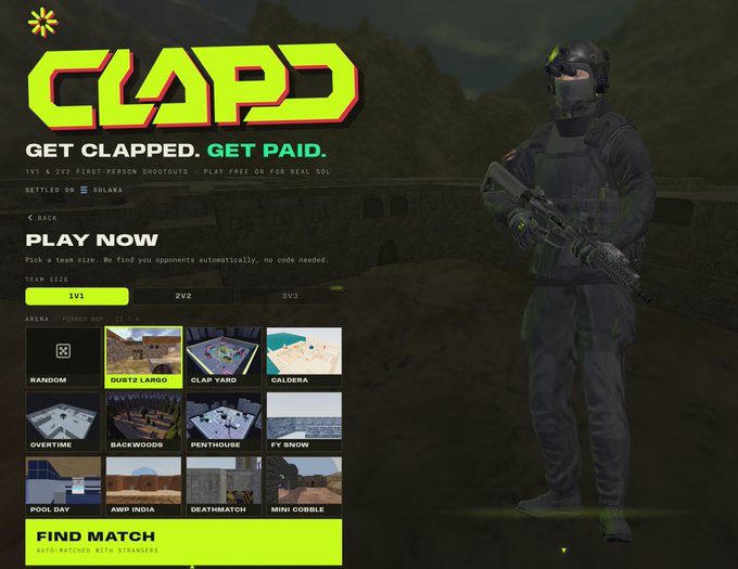 A promotional landing page for the "CLAPD" first-person shooter game on Solana, featuring a masked armed character and team-size options (1V1, 2V2, 3V3) with various arenas like "Clap Yard," "Dusty Largo," and "Caldera." The page's tagline "GET CLAPPED. GET PAID." and "PLAY FOR FREE OR FOR REAL SOL" aligns with the post's message about playing to take opponents' SOL using the contract address ATT2mhMAZ1h5UKDR2CY7ir6i2xbXDHpMLqMErmPvpump.