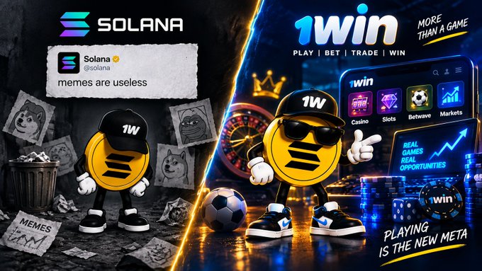 A promotional graphic contrasting Solana's tweet 'memes are useless' with a 1win advertisement featuring a coin mascot in a cap, with text including 'PLAYING IS THE NEW META' and 'MORE THAN A GAME'.