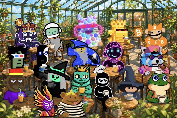 A colorful digital illustration shows various NFT characters including CryptoPunks, Moonbirds, and Bitcoin mascots gathered together in a greenhouse café setting.