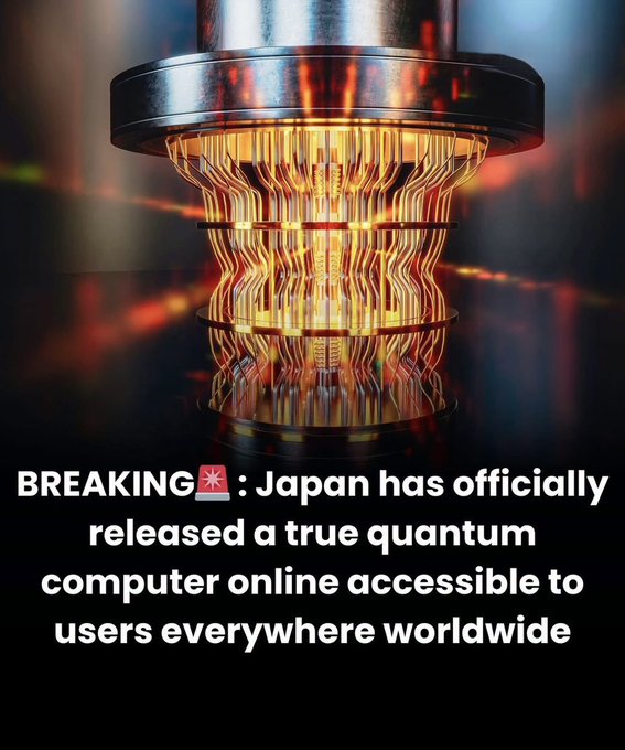A sensationalist 'BREAKING' news graphic claiming Japan has released a true quantum computer online accessible worldwide, featuring an image of a quantum processor.