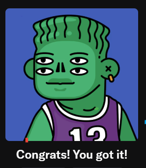 A cartoon-style green zombie character with four eyes and a gold earring wears a purple jersey with the number 12, set against a blue background. Below the image, the text reads "Congrats! You got it!" — matching the celebratory tone of acquiring a Deadfellaz NFT for the poster's child.