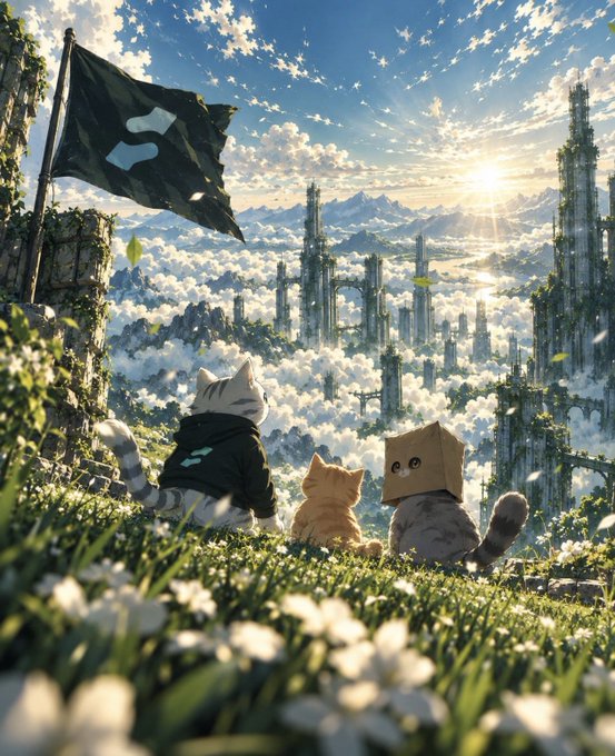 A fantasy digital illustration showing two cats and a character wearing a cardboard box on their head sitting on a grassy cliff, overlooking a sky filled with clouds and distant futuristic towers.