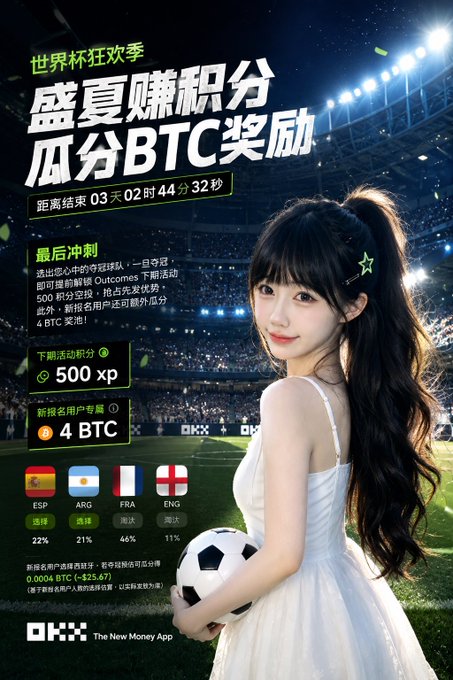 A promotional advertisement in Chinese for the OKX crypto exchange featuring a young woman holding a soccer ball in a stadium, promoting World Cup rewards including 500 XP and 4 BTC, with match predictions for ESP, ARG, FRA, and ENG.