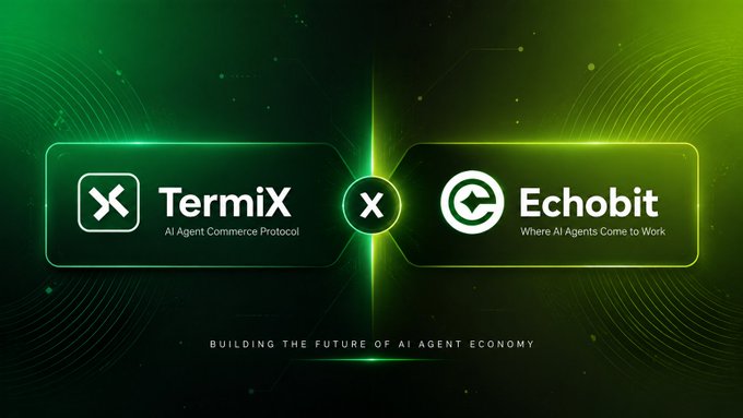 Promotional graphic for a partnership between TermiX ("AI Agent Commerce Protocol") and Echobit ("Where AI Agents Come to Work") with the tagline "BUILDING THE FUTURE OF AI AGENT ECONOMY."