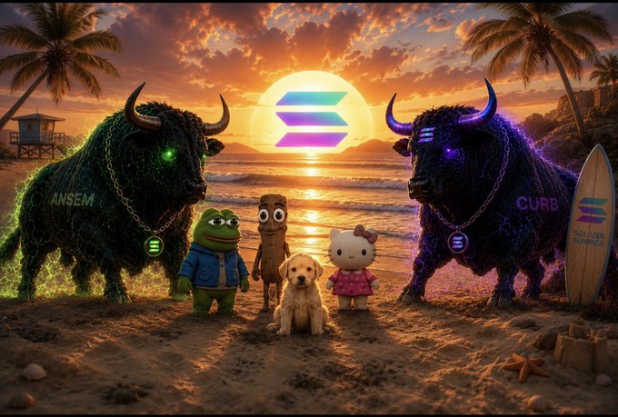 Two mystical, color-coded bulls face off on a sunset beach at the water's edge, their glowing Solana logos backlit by a vibrant sun between them — one marked "ANSEM" in green and the other "CURB" in purple — while a quirky crew of a frog, a stick figure, a golden retriever, and Hello Kitty watch the spectacle, with a surfboard reading "SOLANA SUMMER" completing the post's bullish, community-driven vibe.