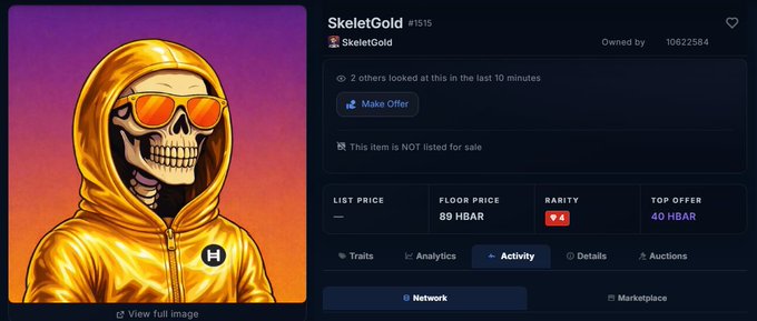 A NFT marketplace page shows the 'SkeletGold #1515' item, a skeleton in a yellow hoodie with sunglasses, with a floor price of 89 HBAR, top offer of 40 HBAR, and rarity 4.