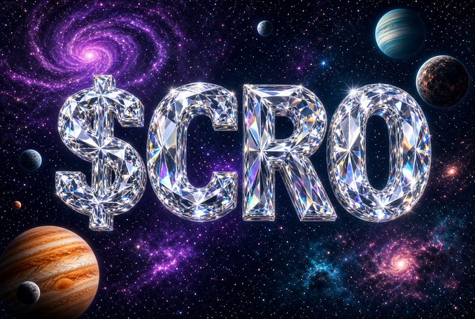 The word "$CRO" rendered in large, faceted diamond letters against a purple cosmic background featuring a spiral galaxy and several planets.