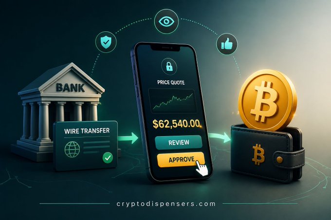 An illustration for cryptodispensers.com showing a bank wire transfer converting to Bitcoin via a smartphone app displaying a price quote of $62,540.00.