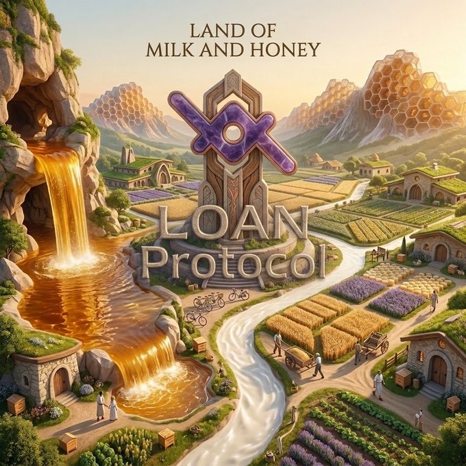 An illustrated banner titled "LAND OF MILK AND HONEY — LOAN Protocol" depicting a fantasy village with fields, a river, and honey waterfalls beside a purple X-shaped emblem.