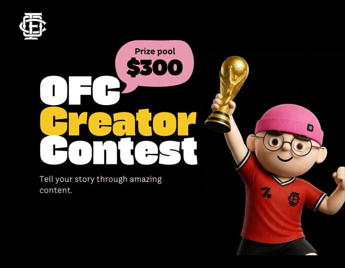 A promotional graphic for the 'OFC Creator Contest' on a black background, featuring a prize pool of $300 and a 3D character holding a gold trophy.