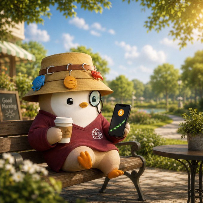 A plush penguin wearing a safari hat and red sweater sits on a park bench holding a coffee cup and a phone displaying a Bitcoin chart, perfectly capturing the relaxed yet crypto-obsessed mood of "GM Everyone" while pondering which CT trend to avoid FOMOing into.