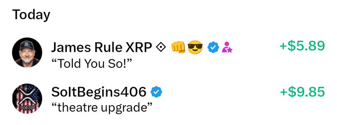 A social media "Today" feed shows two users, "James Rule XRP" and "SoltBegins406," with earnings of +$5.89 ("Told You So!") and +$9.85 ("theatre upgrade") displayed in green next to their profiles.