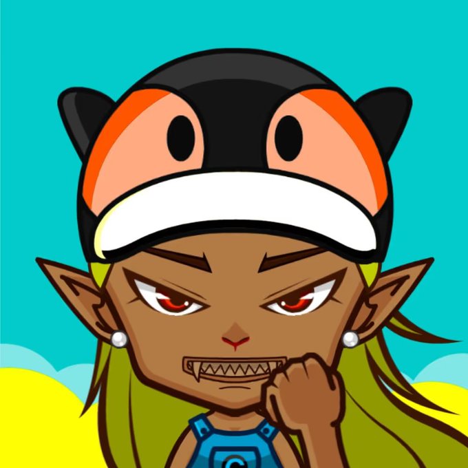 A cartoon elf-like character with pointed ears, red eyes, braces, black-and-orange headwear, and bright green hair glares against a turquoise and yellow background.