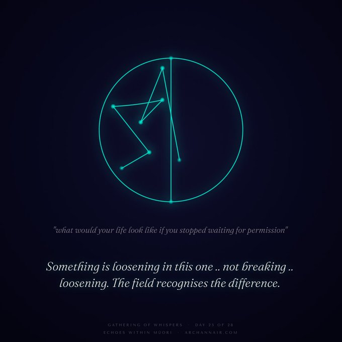 A dark image featuring a cyan constellation-like symbol within a circle, with text reading 'what would your life look like if you stopped waiting for permission' and 'Something is loosening in this one .. not breaking .. loosening. The field recognises the difference.' from 'Gathering of Whispers · Day 23 of 28' by archannair.com.